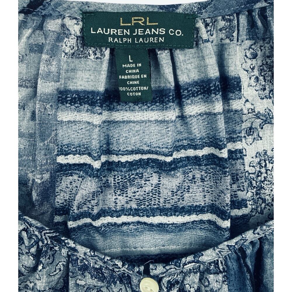 Lauren Ralph Lauren Shirt Blue Patchwork Floral Print Boho Top 3/4 Sleeve Large - Picture 2 of 9